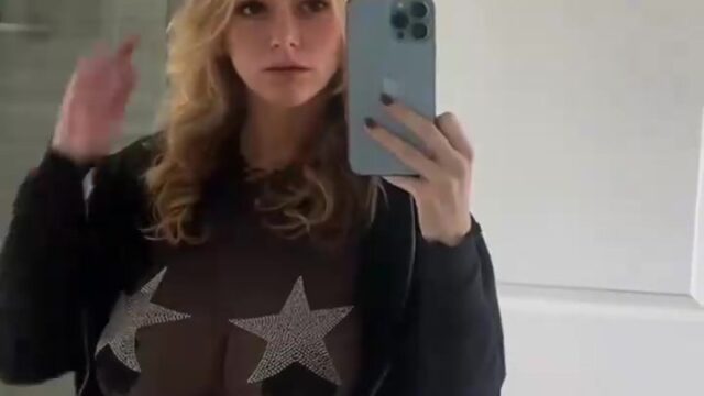 Zoe Moore see-through shirt Shows Big Boobs Before Mirror!
